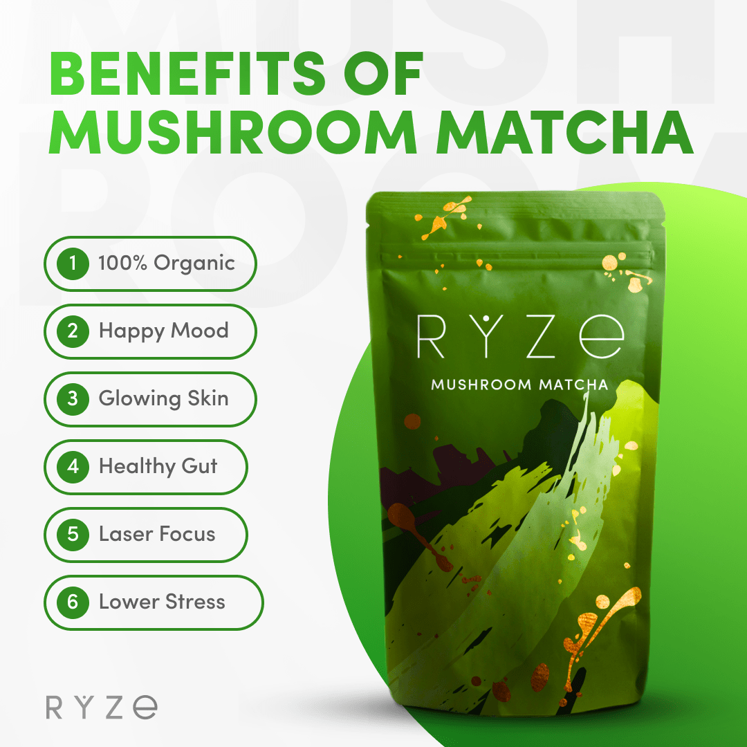 RYZE Matcha - with 6 Organic Adaptogenic Mushrooms Grown In USA and Ceremonial-Grade Japanese Matcha - Clean Bundle