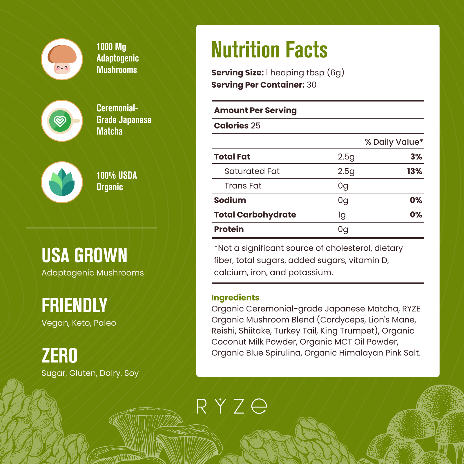 RYZE Matcha - with 6 Organic Adaptogenic Mushrooms Grown In USA and Ceremonial-Grade Japanese Matcha - Clean Bundle